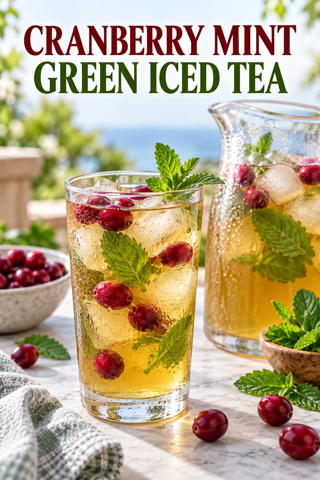 Portrait drink scene with cranberry, fresh mint, ice, and a chilled glass of green iced tea.