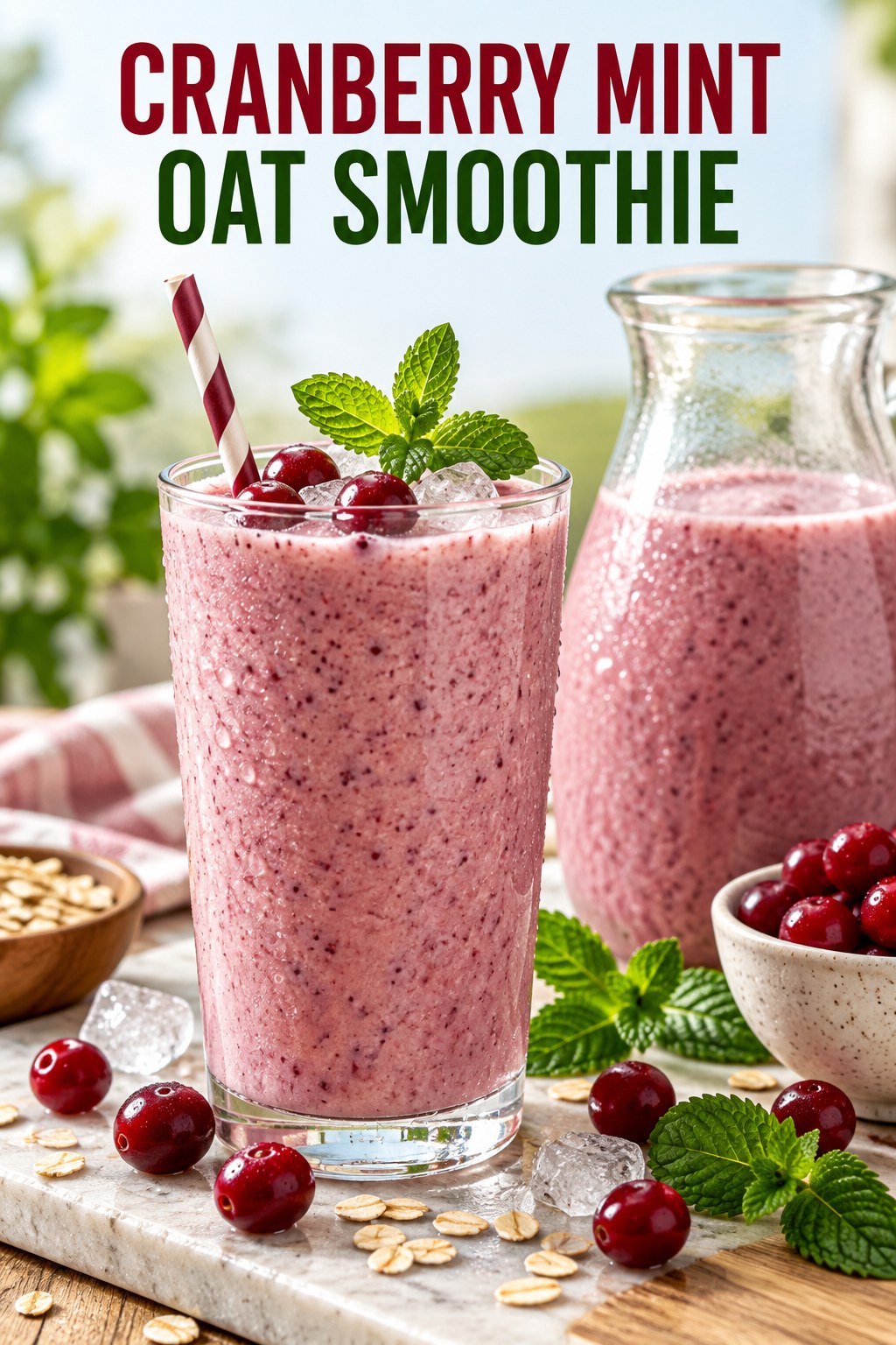 Portrait drink scene with cranberry, fresh mint, ice, and a chilled glass of oat smoothie.