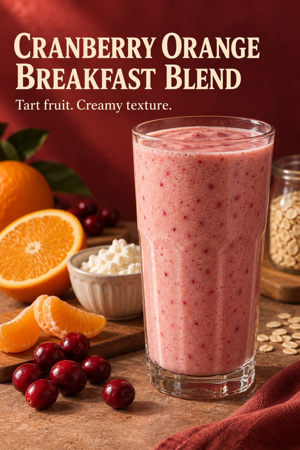 A pink cranberry orange smoothie in a clear glass beside cranberries and peeled orange with the text Cranberry Orange Breakfast Blend.