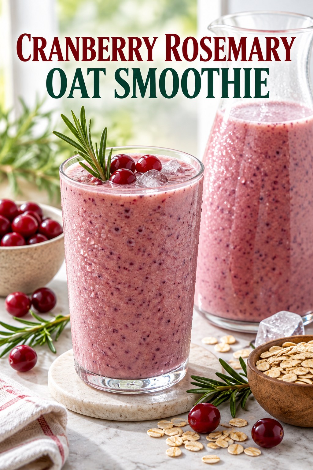 Portrait drink scene with cranberry, fresh rosemary, ice, and a chilled glass of oat smoothie.