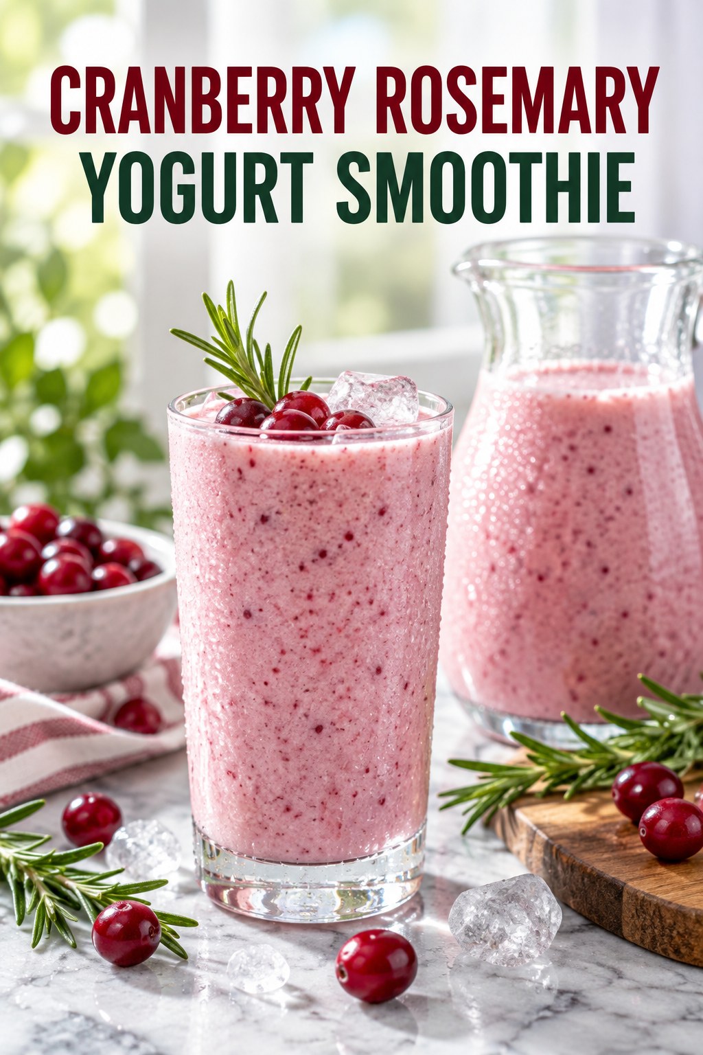 Portrait drink scene with cranberry, fresh rosemary, ice, and a chilled glass of yogurt smoothie.