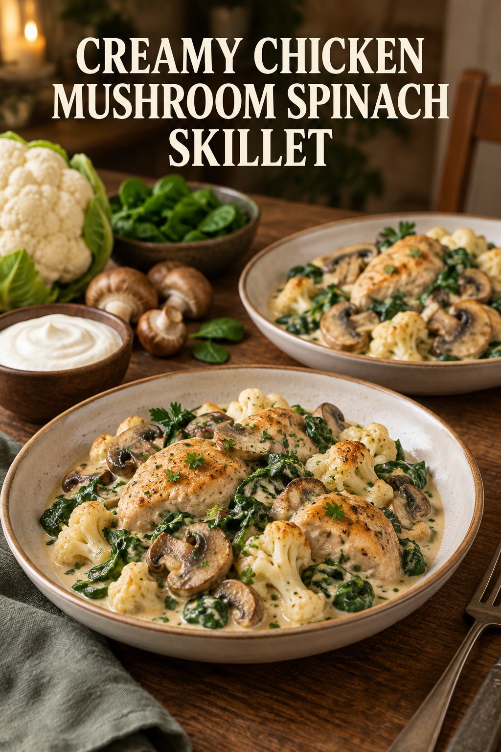 Two servings of creamy chicken mushroom spinach skillet made with chicken, mushrooms, and vegetables.