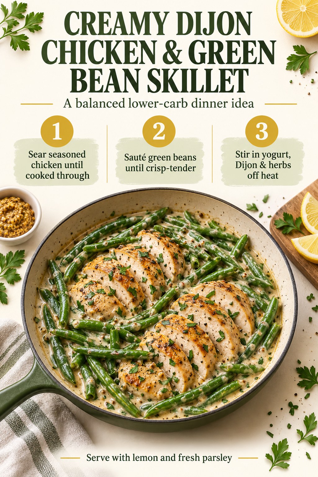 Creamy Dijon chicken and green bean skillet infographic with three cooking steps, lemon, parsley, and a finished pan meal.