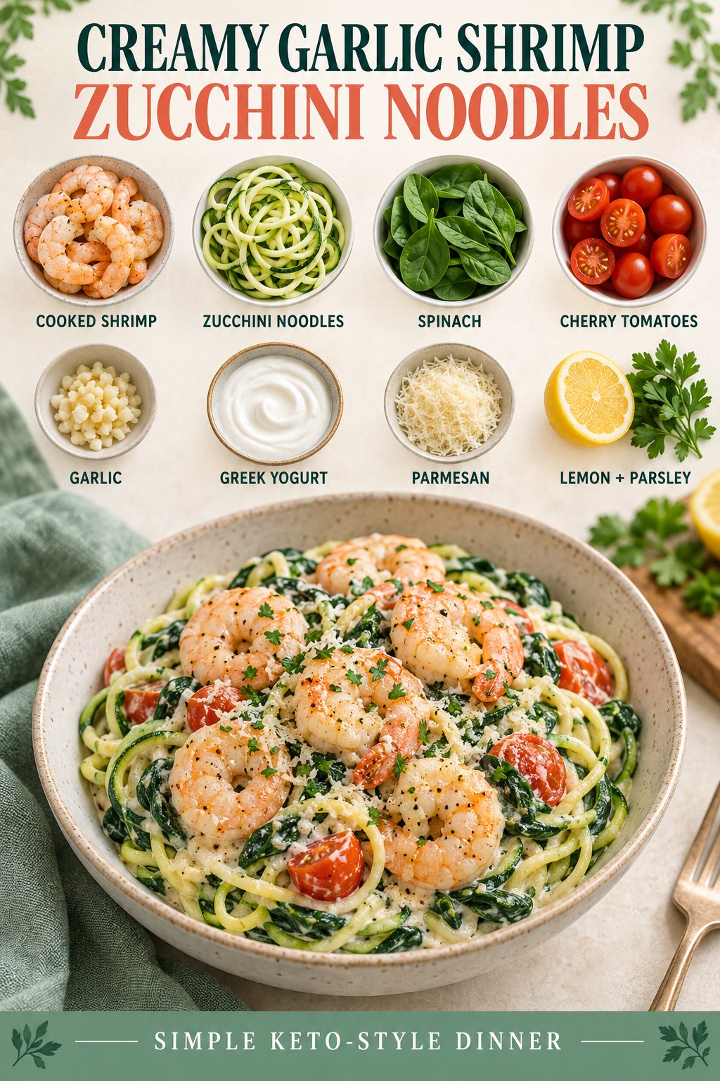 Creamy garlic shrimp zucchini noodles with spinach, tomatoes, Greek yogurt, Parmesan, lemon, and parsley