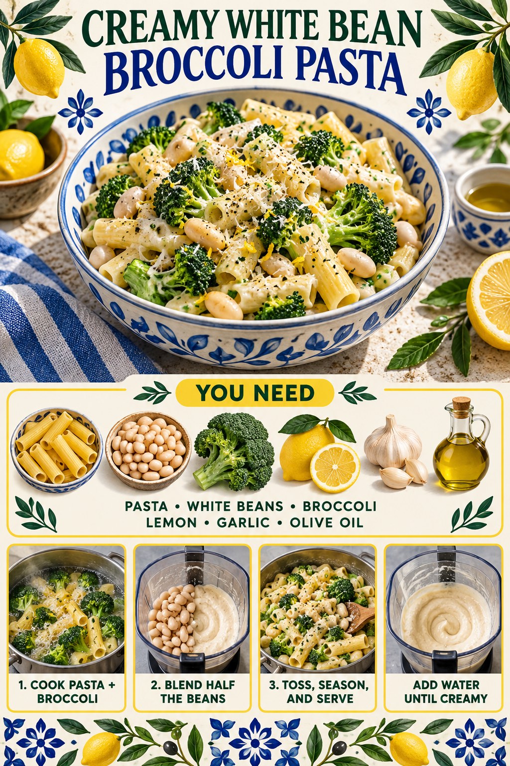 Portrait recipe infographic showing creamy white bean broccoli pasta, its main ingredients, and three cooking steps.