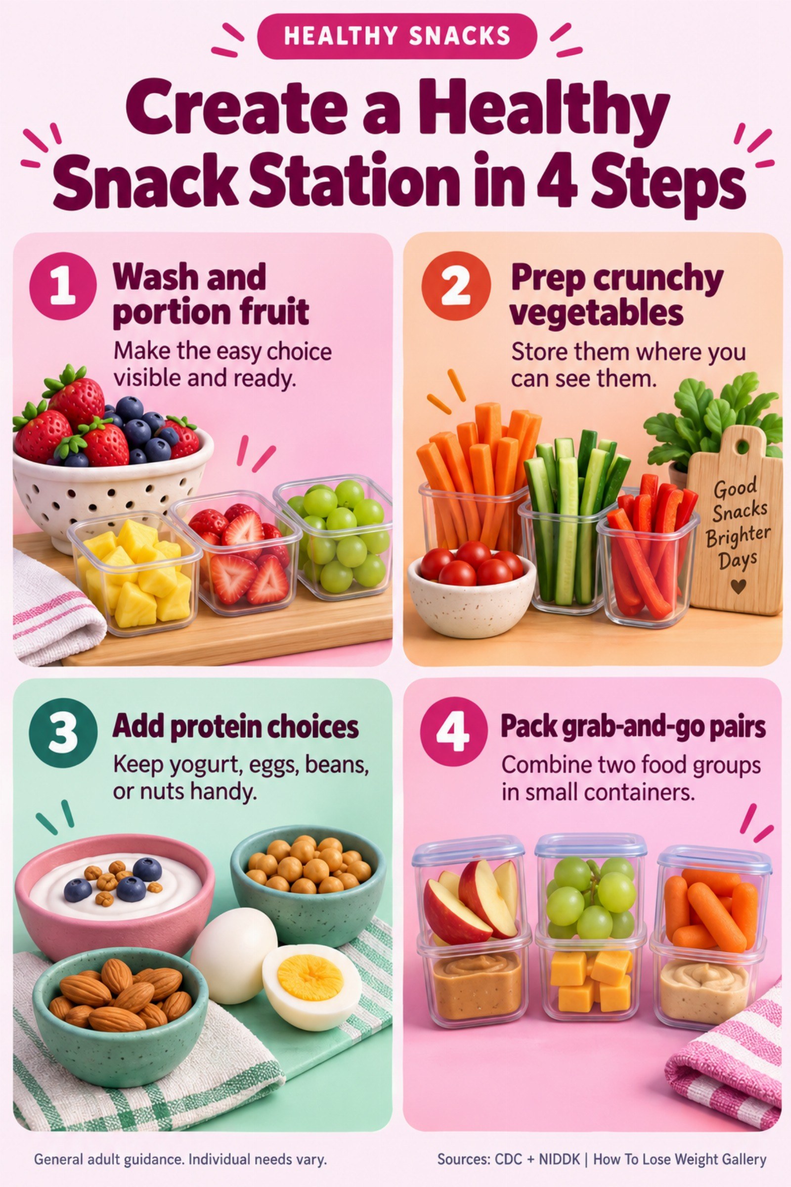 Colorful infographic titled Create a Healthy Snack Station in 4 Steps with four illustrated tips for Healthy Snacks.
