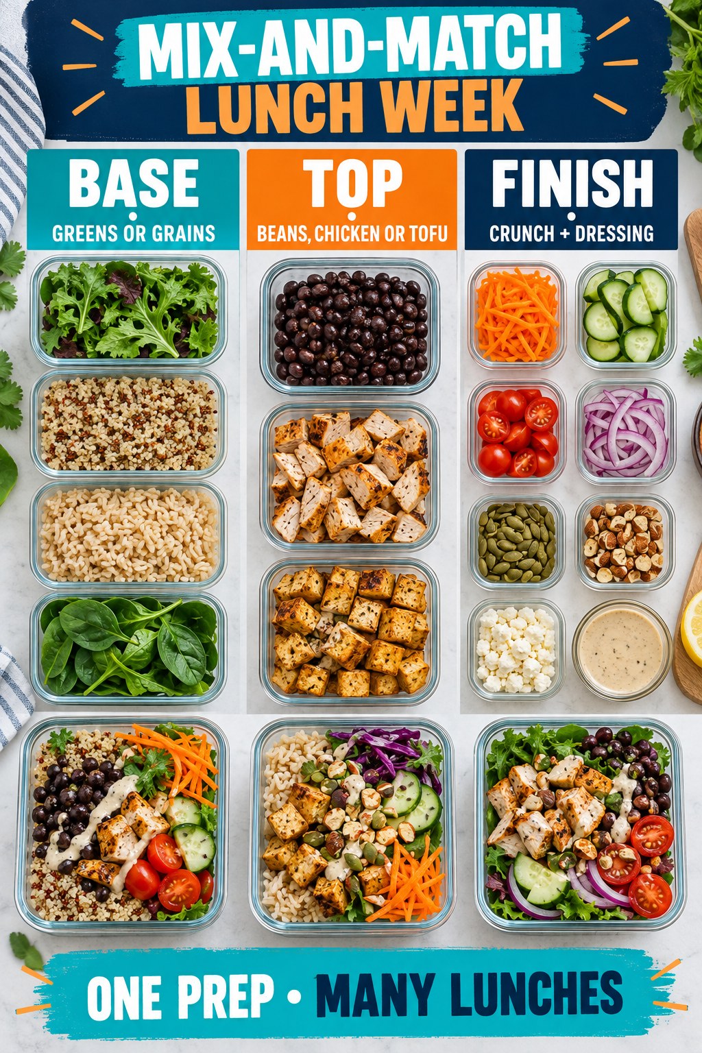 Mix-and-match lunch prep with greens, grains, protein foods, crunchy toppings, and dressing.