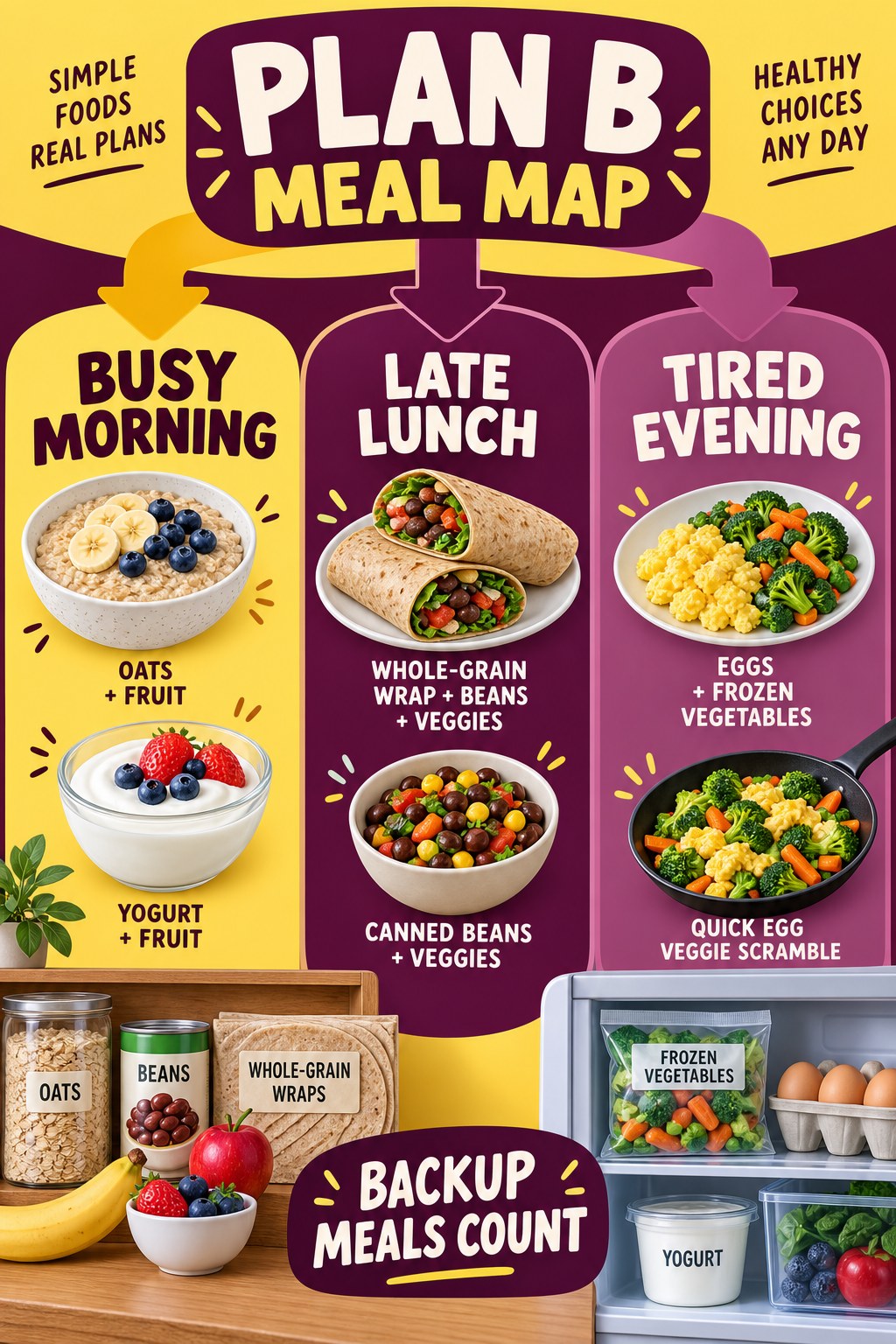 Yellow and plum portrait meal map showing backup options for a busy morning, late lunch, and tired evening.