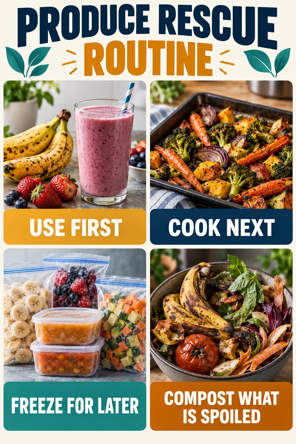 Portrait infographic titled Produce Rescue Routine showing ripe fruit used first, vegetables cooked next, food frozen for later, and spoiled scraps composted.