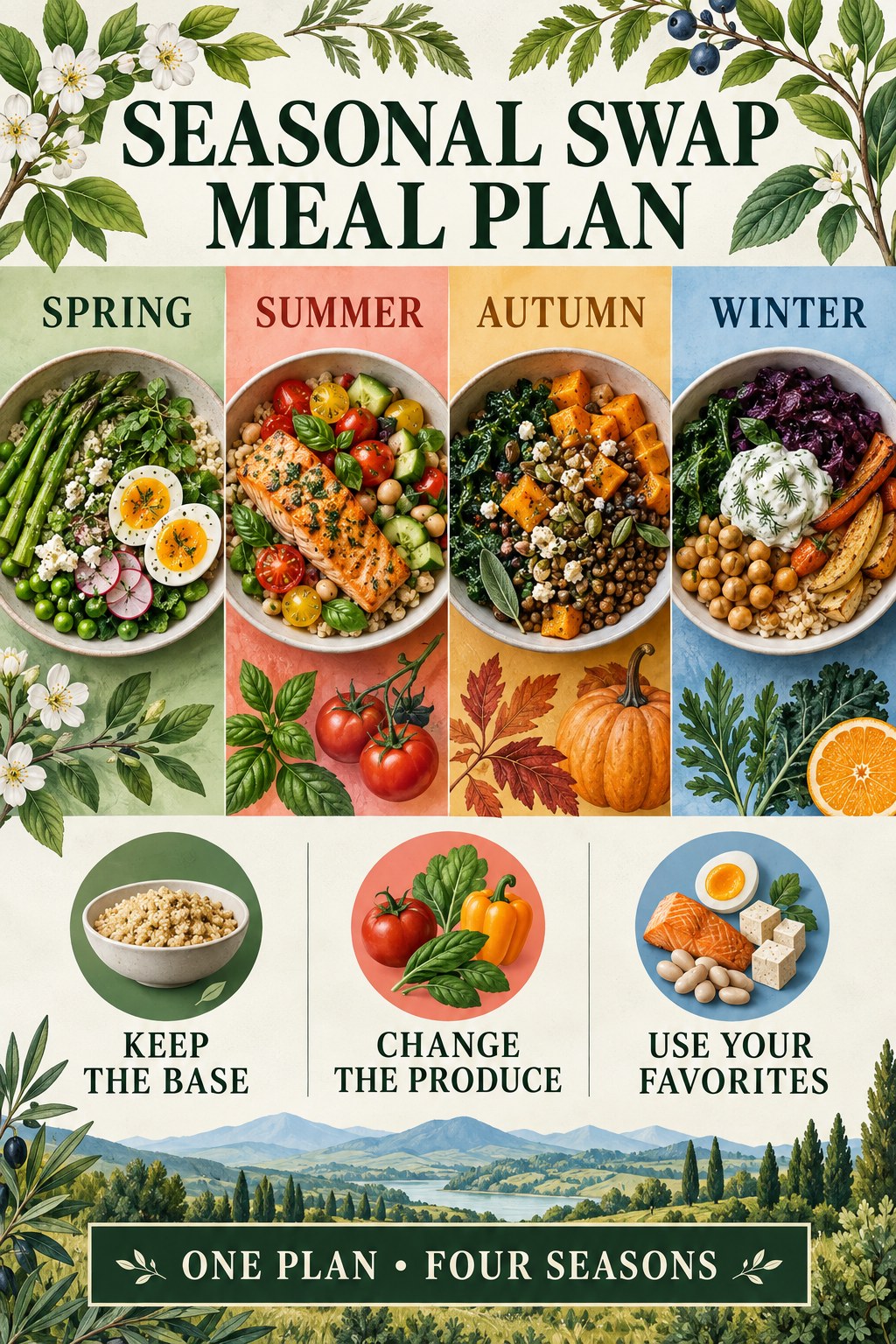 Botanical four-season meal plan with spring, summer, autumn, and winter bowls plus three food-swap cues.