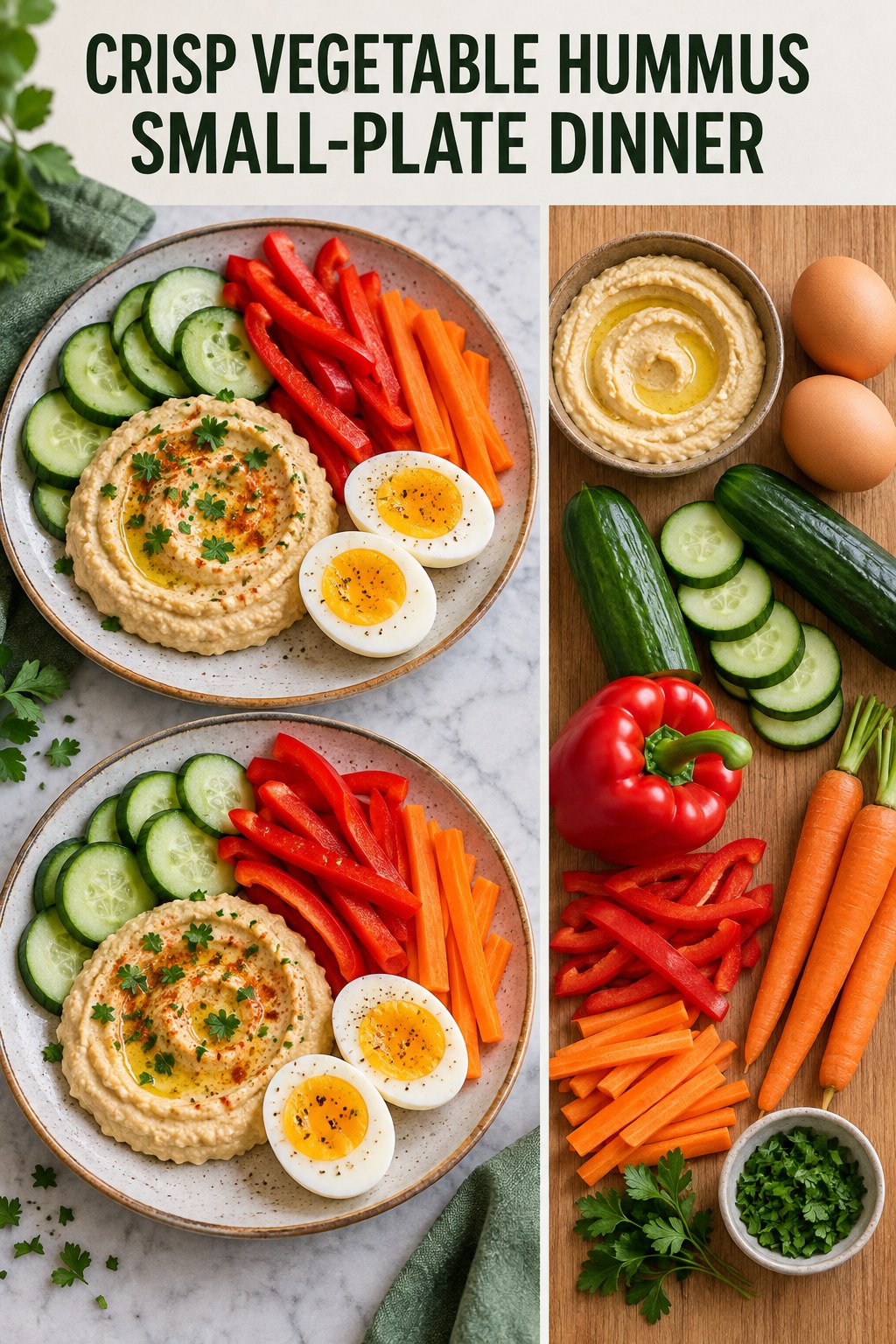 Two servings of crisp vegetable hummus small-plate dinner made with hummus, cucumber, and vegetables.