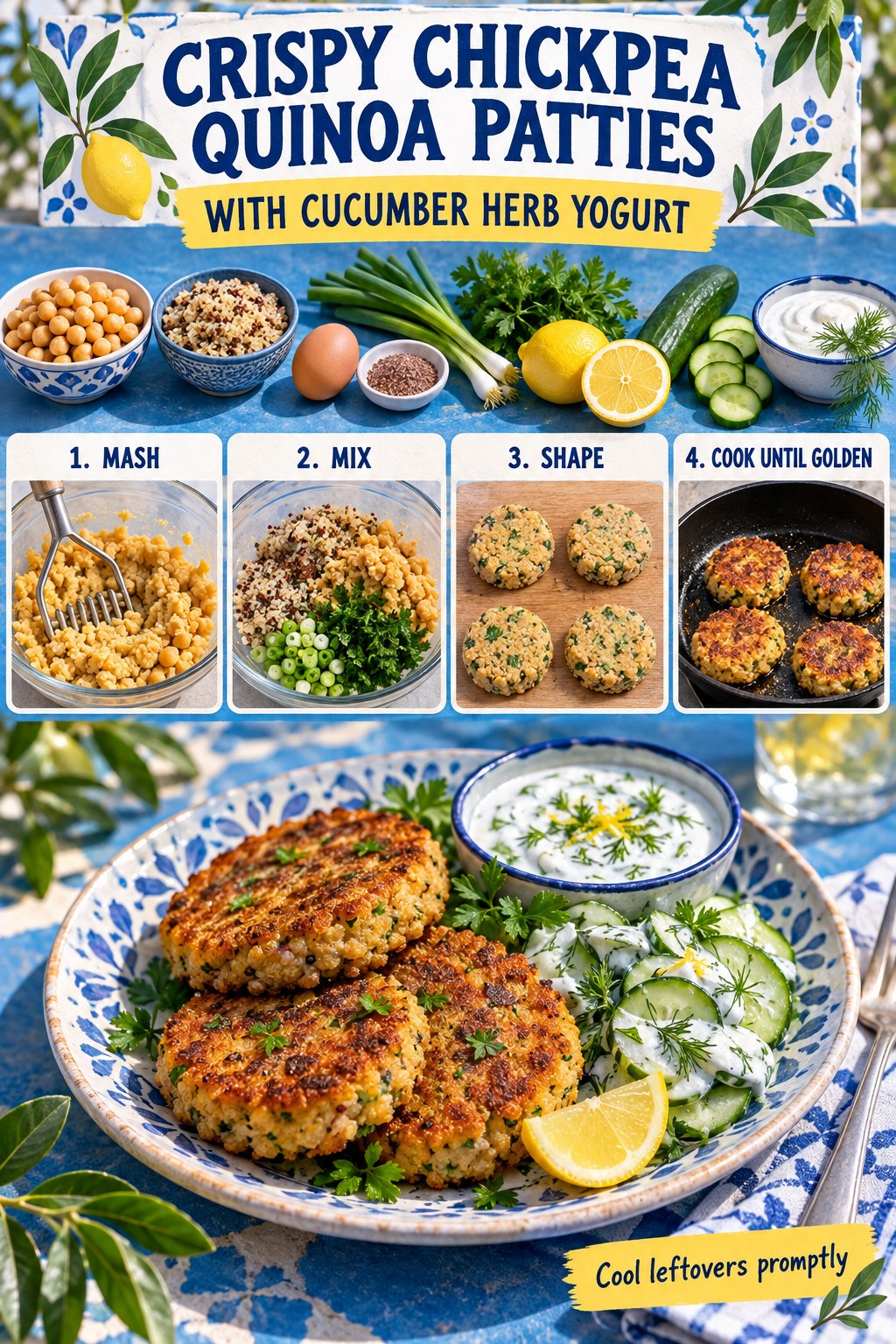 Blue recipe infographic showing chickpeas and quinoa mashed, mixed, shaped, and cooked into golden patties with herb yogurt.