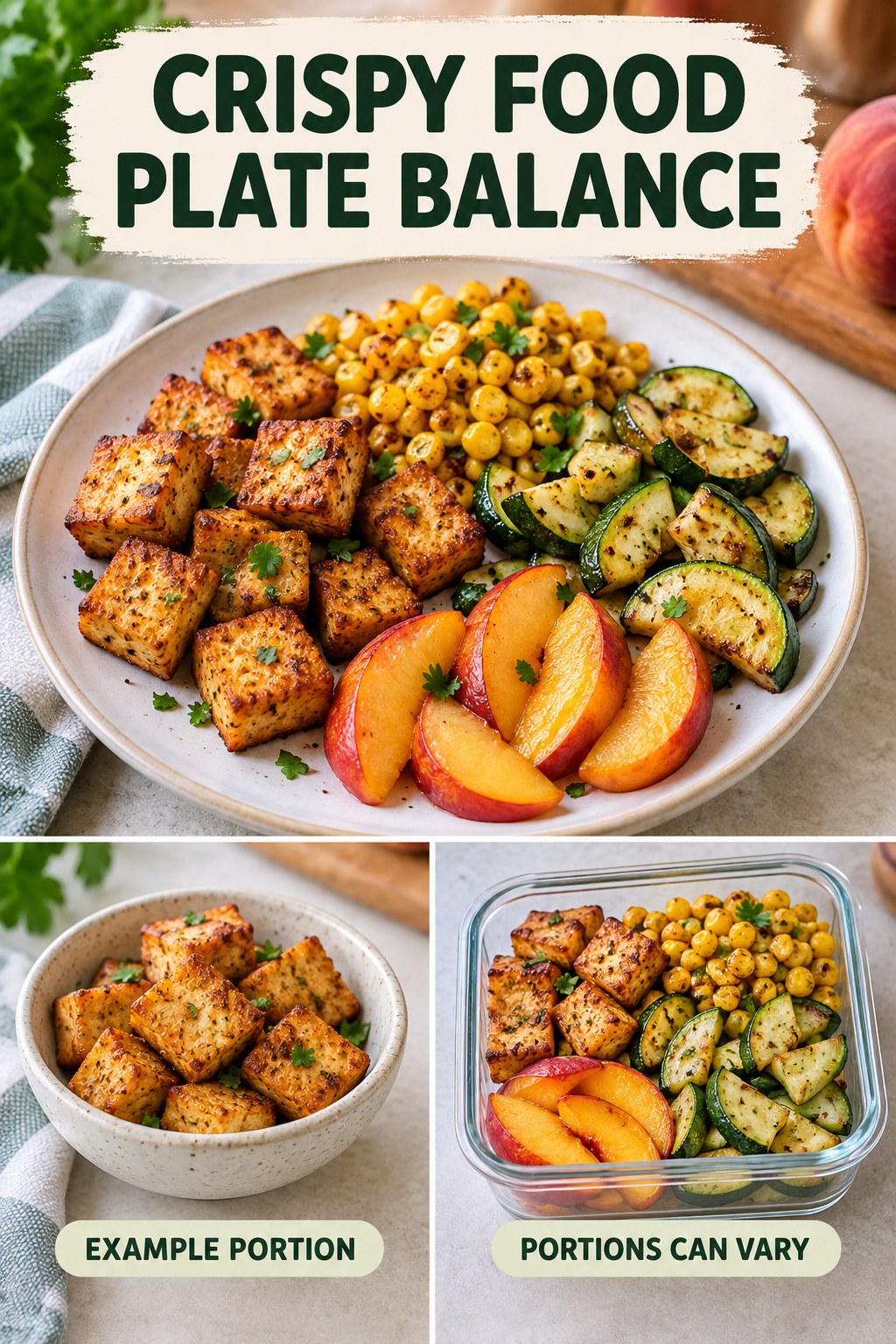 Crispy Food Plate Balance visual using air-fried tofu, corn, zucchini, and peach as flexible example portions for Healthy Air Fryer Recipes.