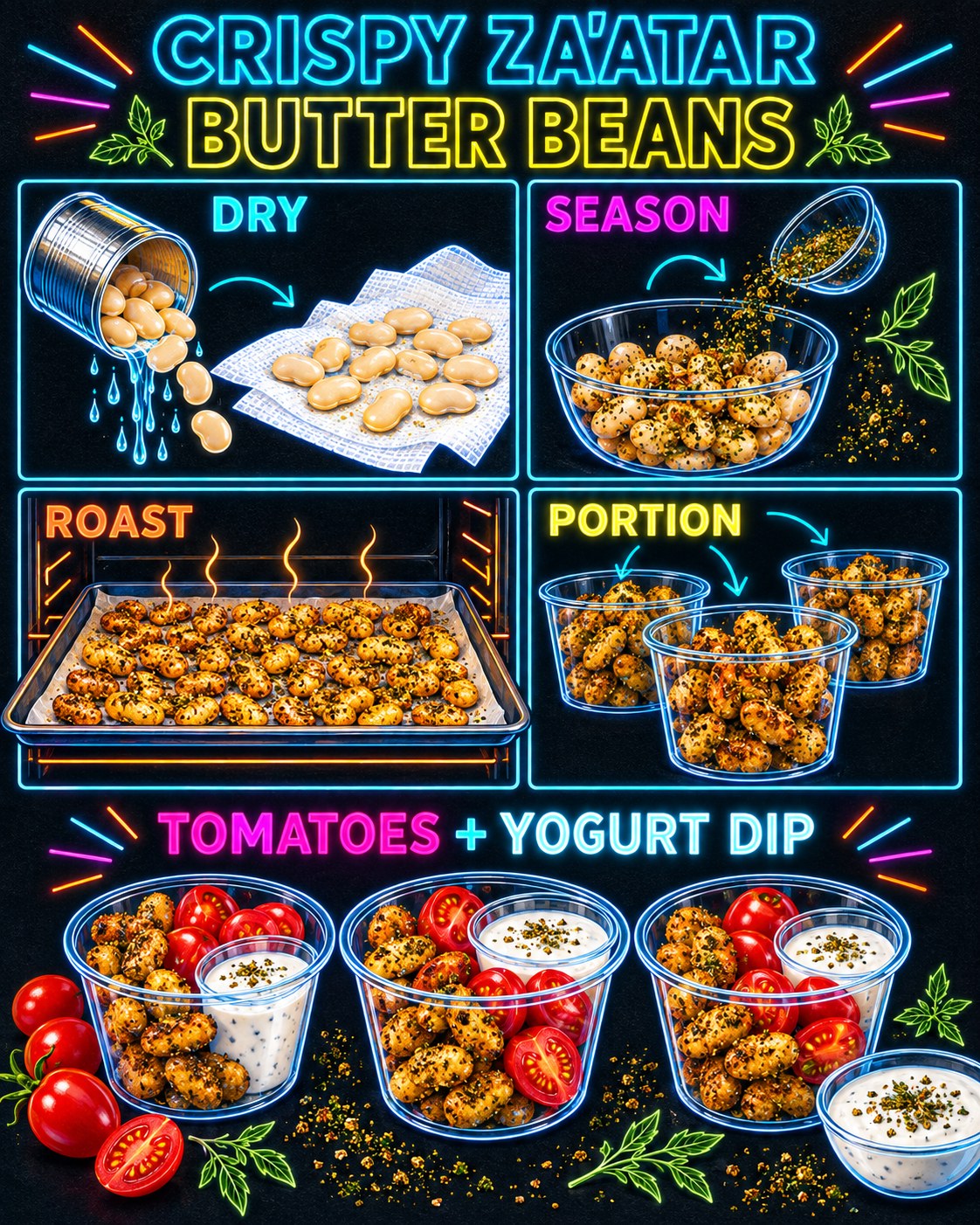 Charcoal, neon cyan, yellow, magenta, orange, and white blueprint infographic for crispy za'atar butter beans.
