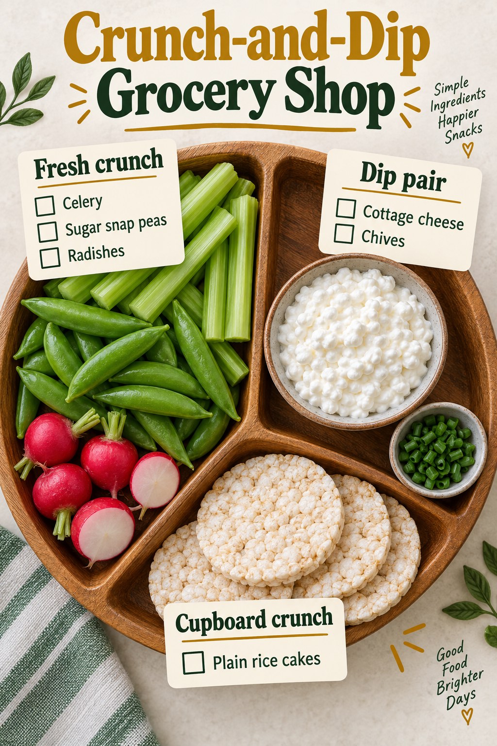Ochre and green snack-caddy grocery list showing celery, sugar snap peas, radishes, cottage cheese, chives and plain rice cakes.