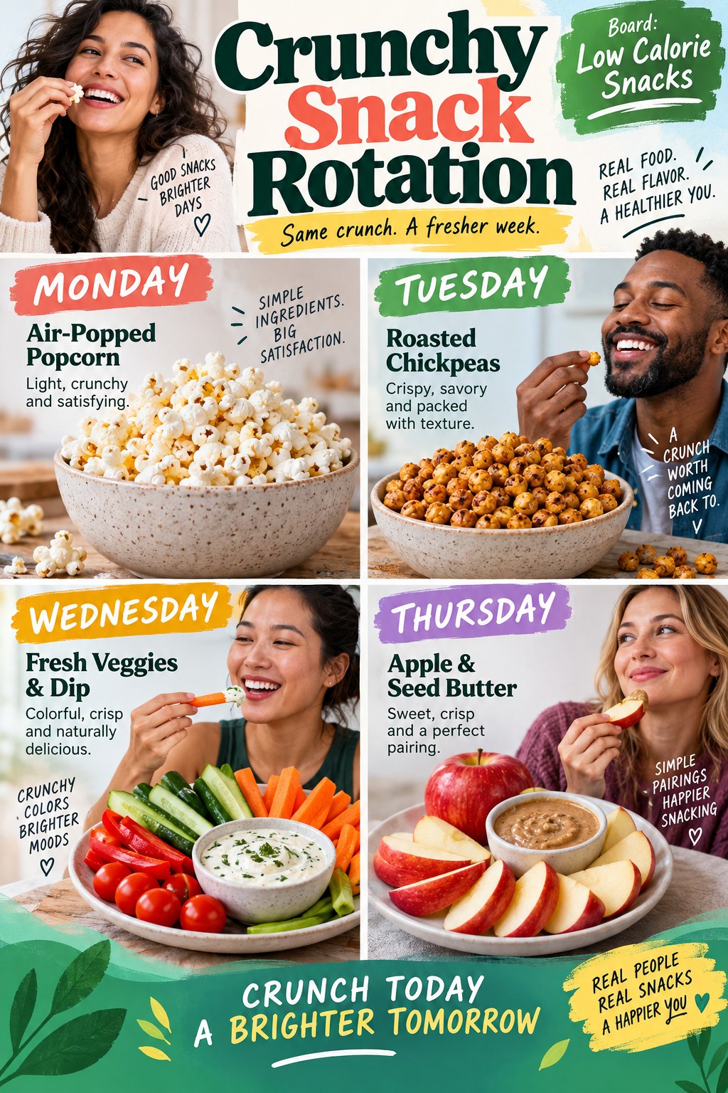 Portrait infographic showing a crunchy snack rotation with popcorn, roasted chickpeas, vegetables and dip, and apple with seed butter.