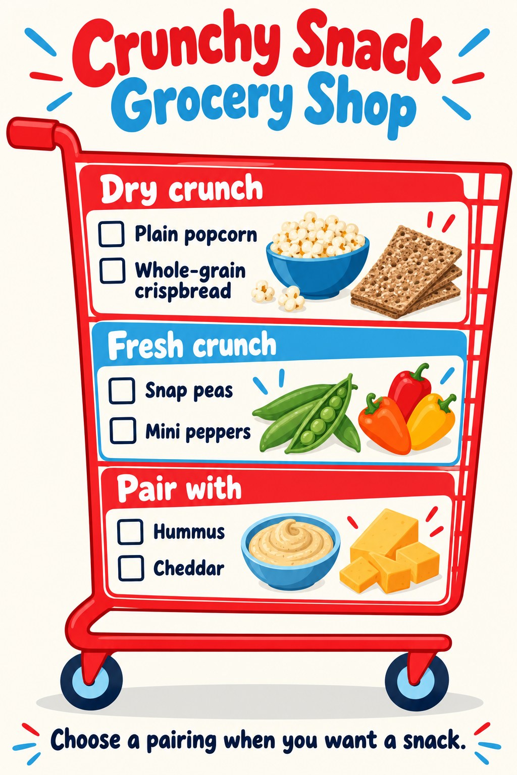 Red and blue shopping cart checklist with popcorn, crispbread, snap peas, mini peppers, hummus and cheddar.