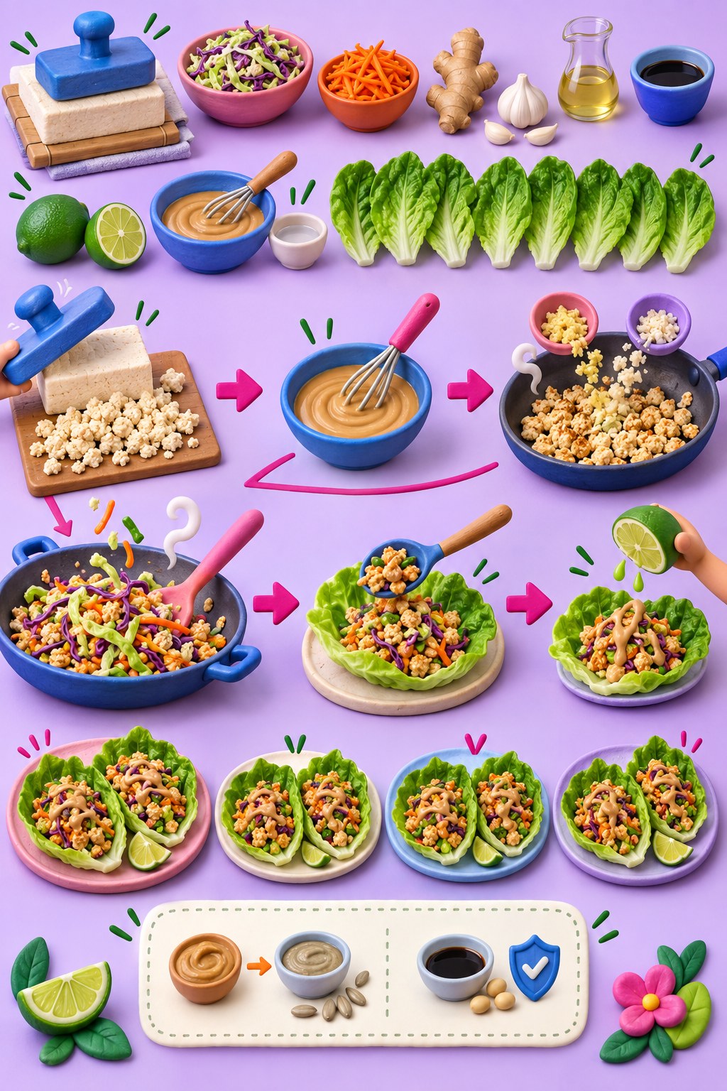 Polymer-clay recipe infographic showing tofu, cabbage, lettuce, lime drizzle, skillet steps, and four pairs of lettuce cups.