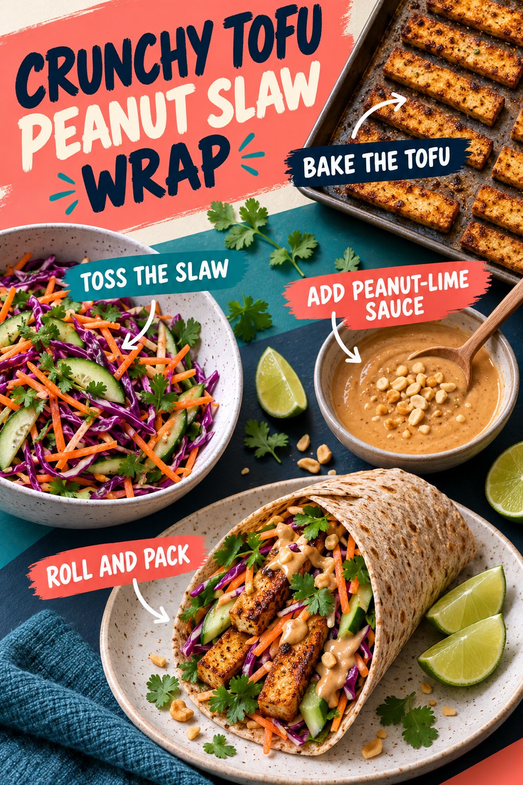 Baked tofu, cabbage-carrot slaw, cucumber, and peanut-lime sauce assembled into a whole-grain lunch wrap.