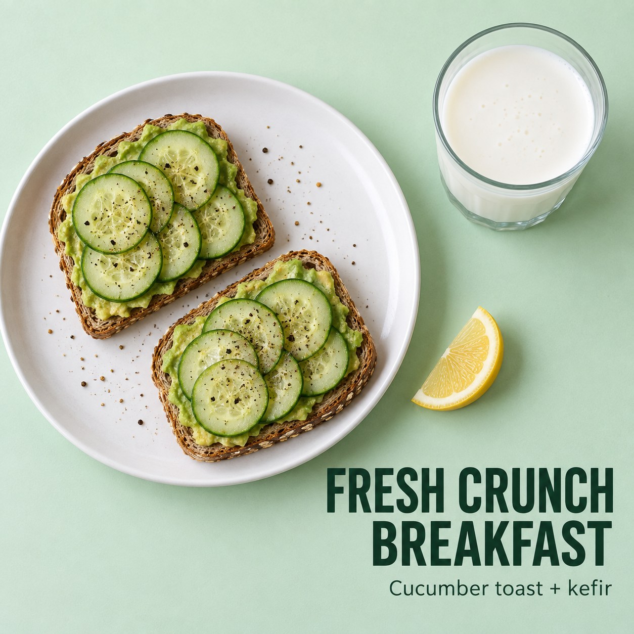 Avocado toast topped with thin cucumber slices beside a glass of plain kefir and the words Fresh Crunch Breakfast.