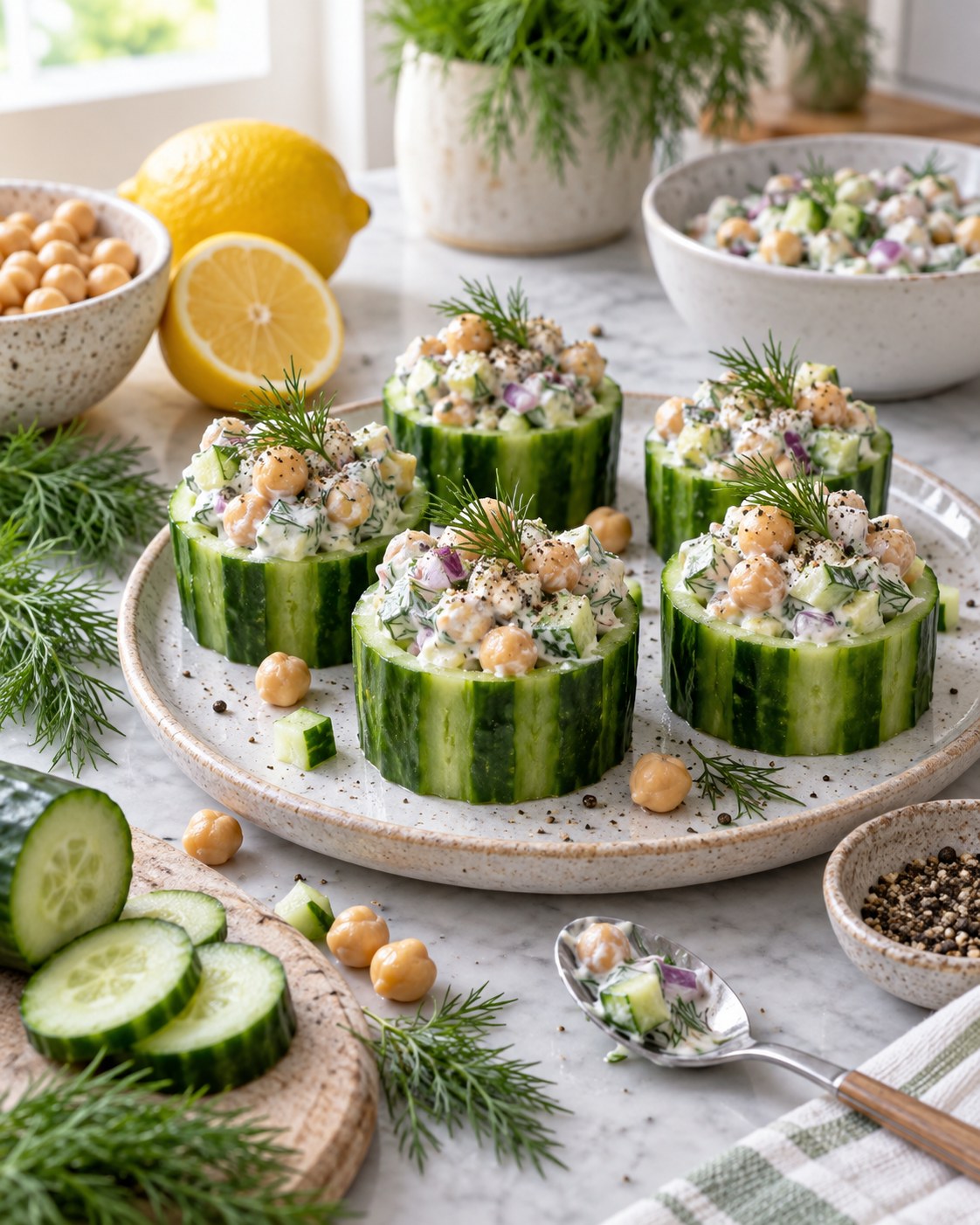 Cucumber cups filled with chickpea dill yogurt salad beside lemon, herbs, pepper, and extra chickpeas