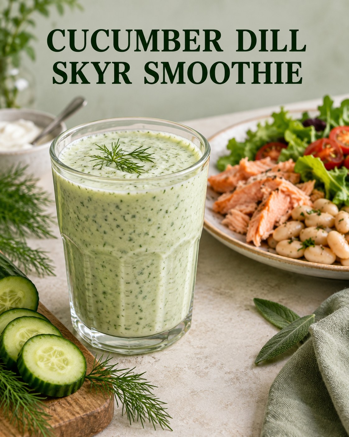 Pale green cucumber dill smoothie beside a separate salmon white bean dinner salad, cucumber slices, and dill.