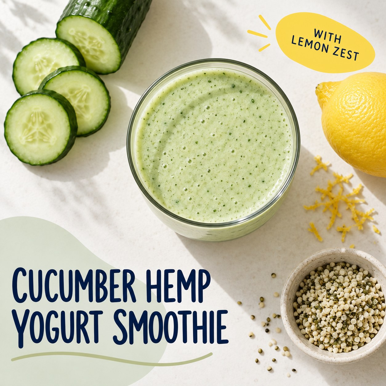 Pale green cucumber yogurt smoothie viewed from above with cucumber slices and hemp hearts, alongside a clean Lemon Zest recipe panel.