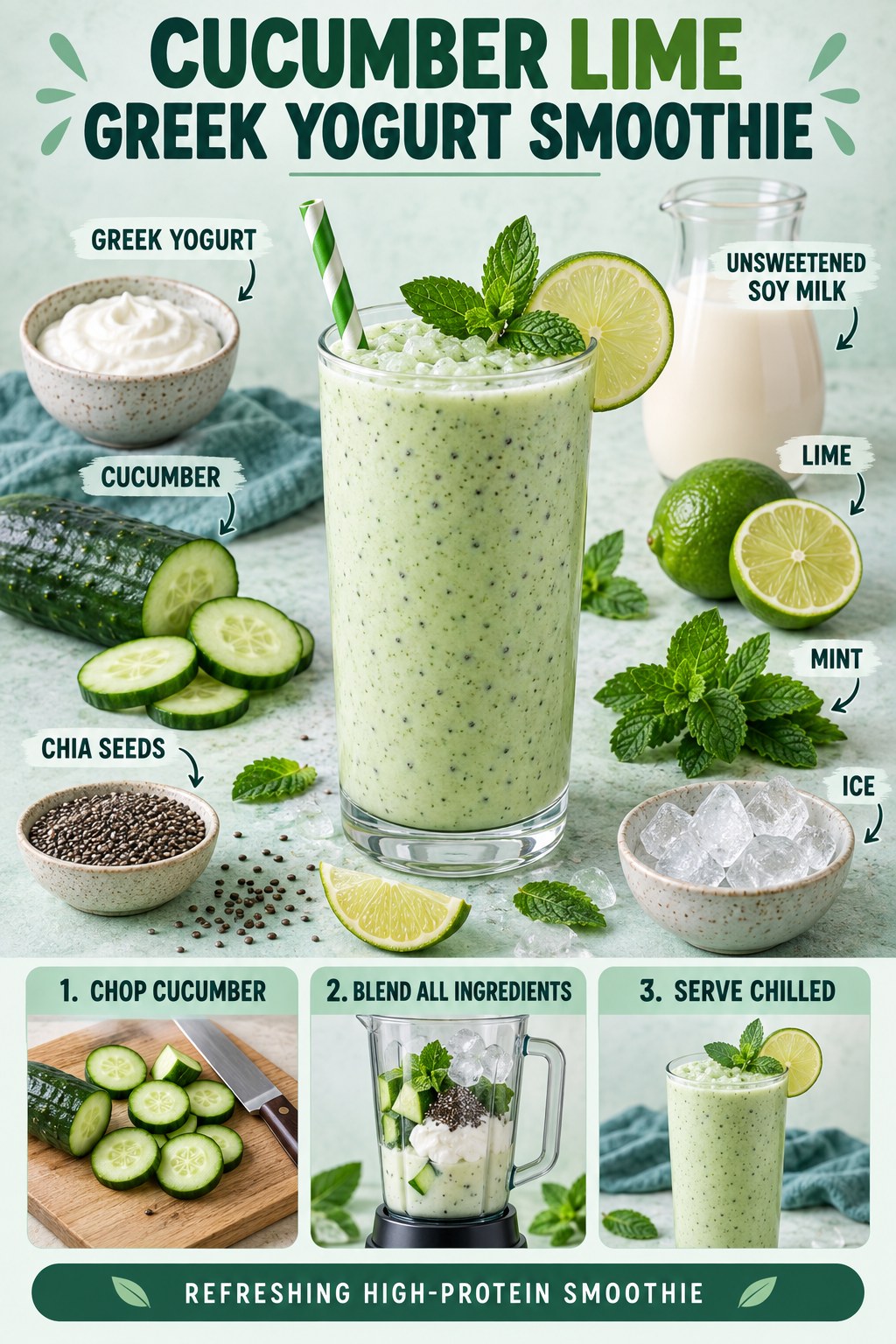Pale green smoothie with Greek yogurt, cucumber, soy milk, lime, mint, chia seeds, and ice.