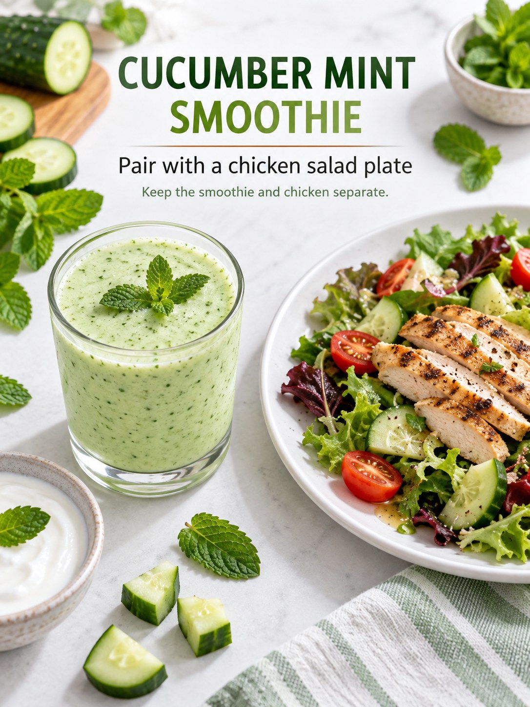 Pale green cucumber mint smoothie beside a separate chicken salad plate, with cucumber mint lunch pairing text.