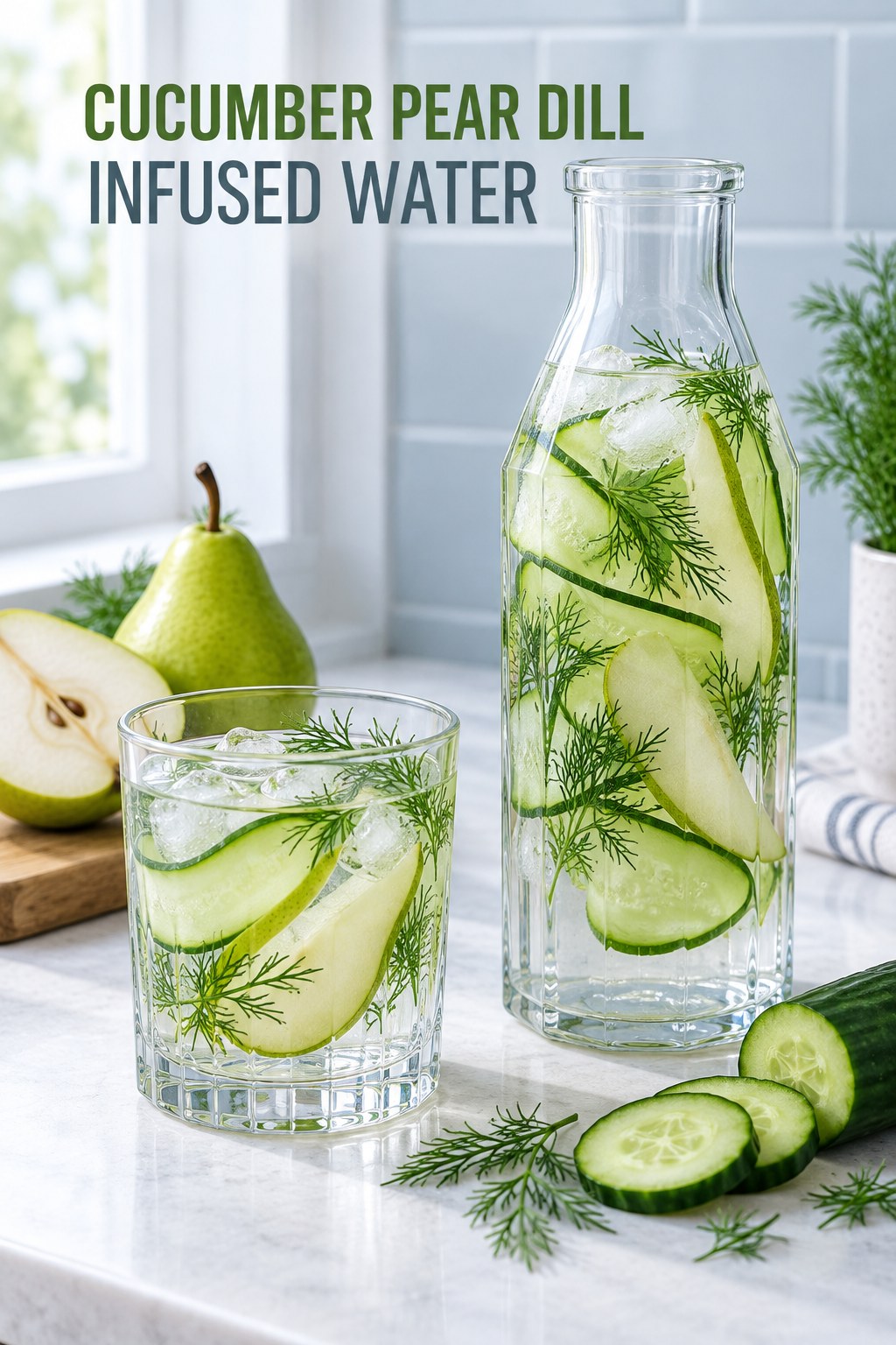 Glass bottle and tumbler of clear infused water with cucumber ribbons, green pear slices, fresh dill, and ice.