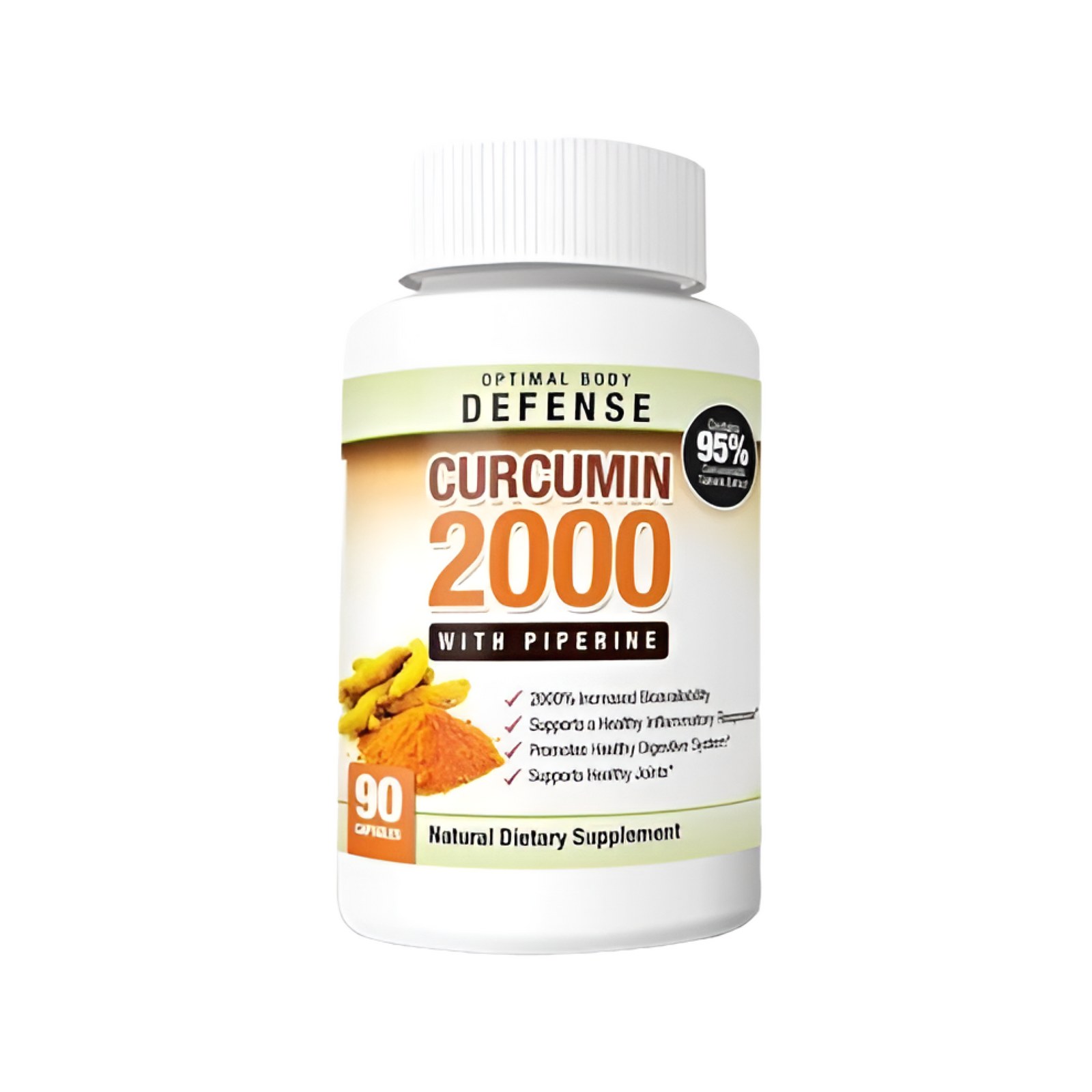 Curcumin 2000 dietary supplement bottle labeled with piperine and 90 capsules