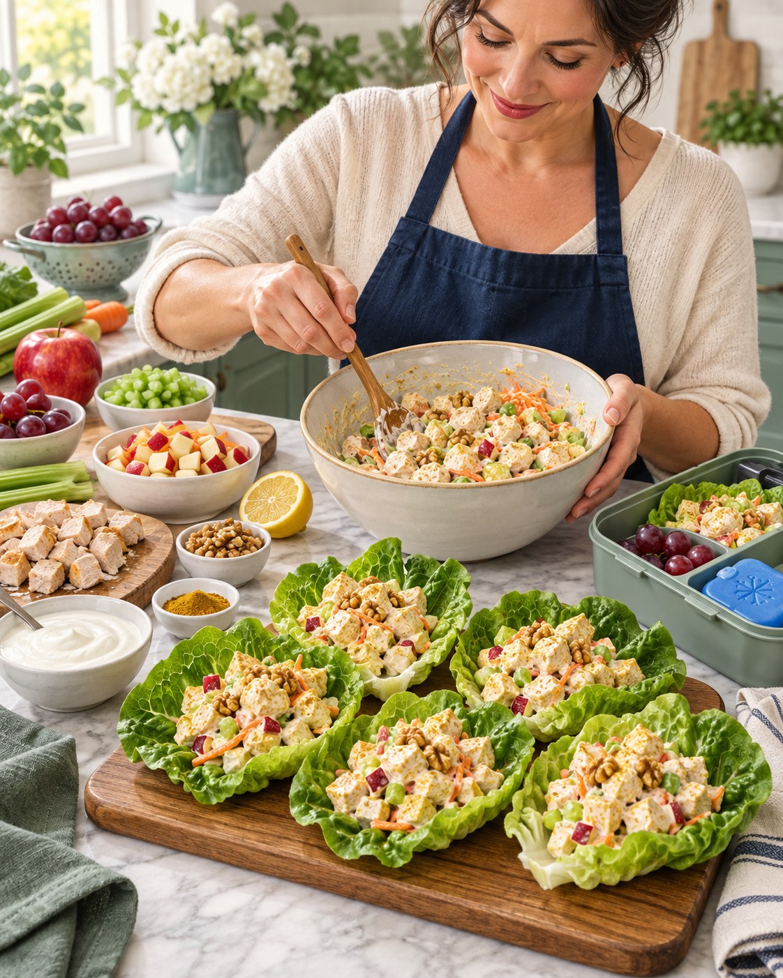 Woman filling lettuce cups with cooked chicken, apple, celery, carrot, yogurt, and mild curry