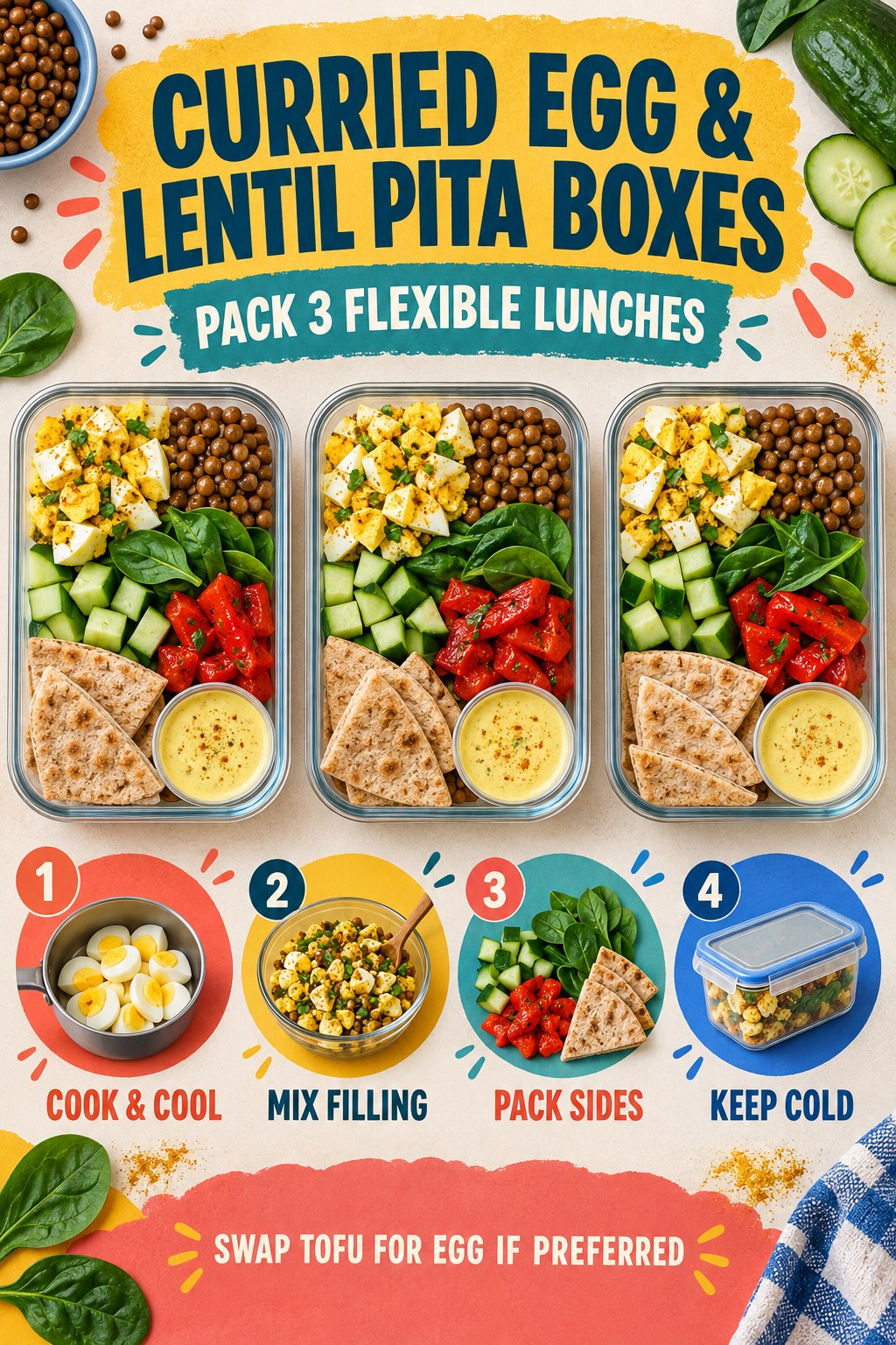 Portrait infographic showing three lunch boxes with curried egg, lentils, cucumber, roasted pepper, spinach, pita, and yogurt dressing.