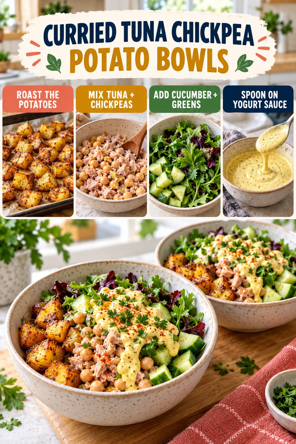 Curried tuna chickpea potato bowl infographic showing roasted potatoes, tuna and chickpeas, cucumber and greens, yogurt sauce, and two bowls.