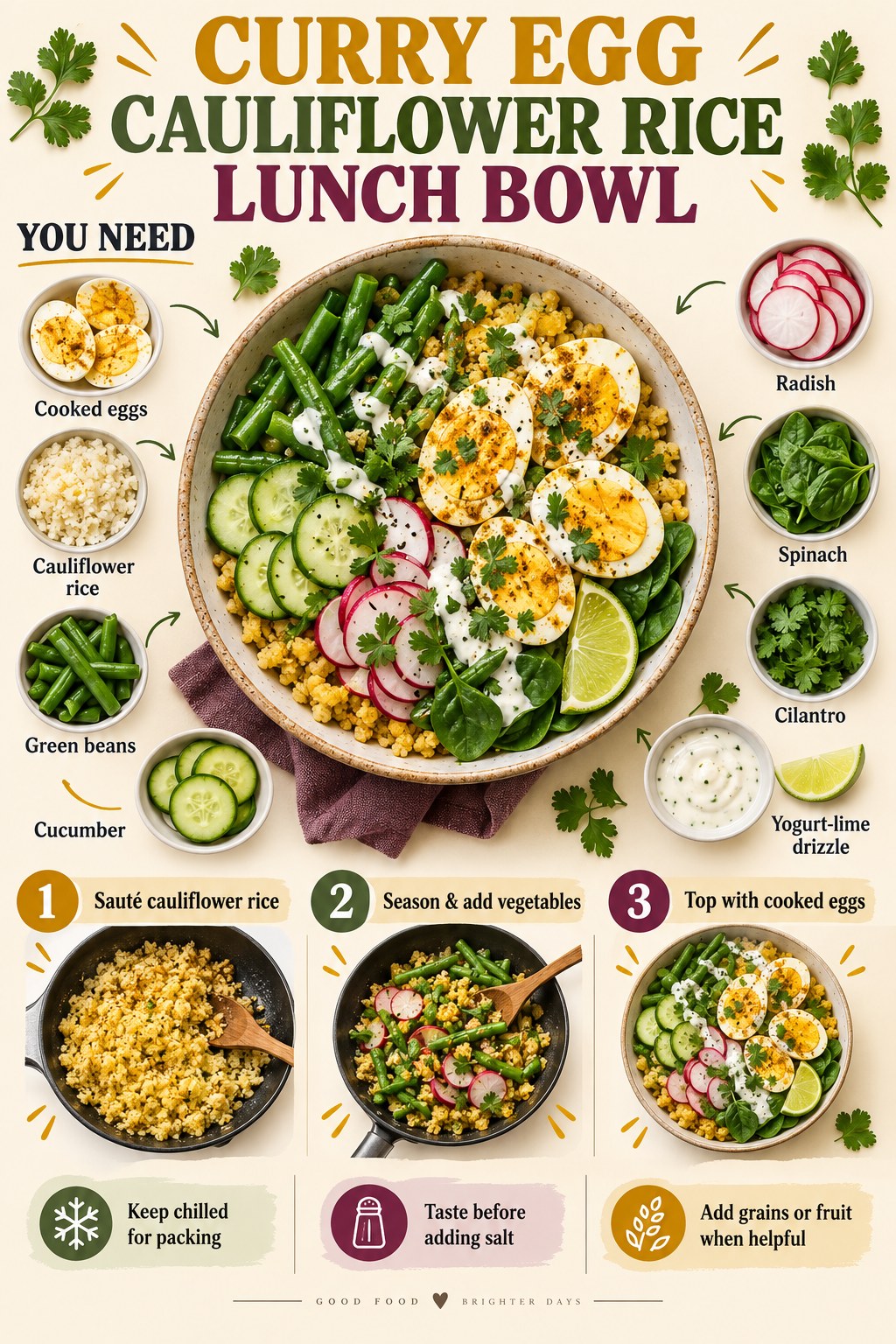 Curry egg cauliflower rice bowl infographic with green beans, cucumber, radish, spinach, cilantro, and three steps.