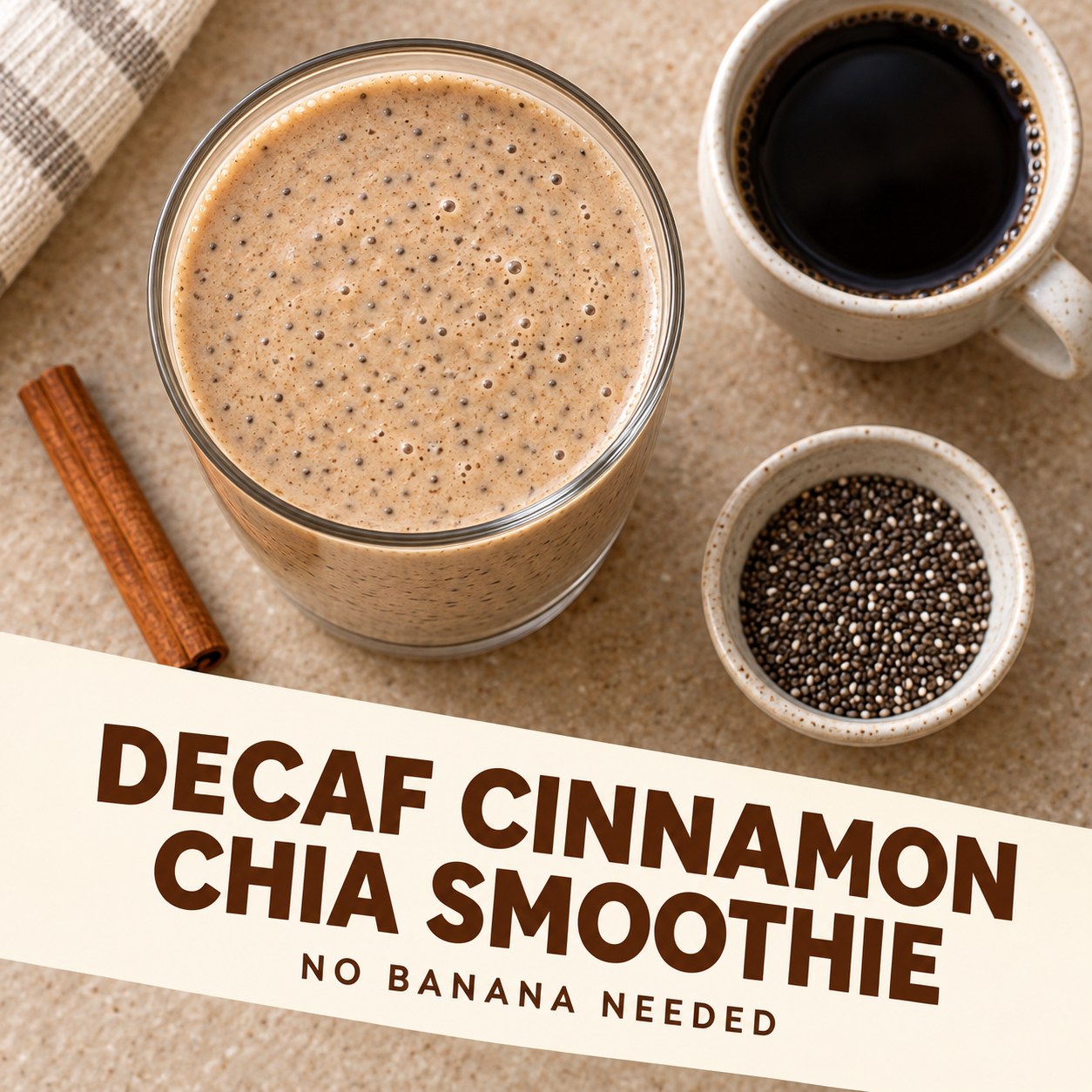 Light coffee-colored smoothie in a glass beside a small cup of decaf coffee, chia seeds, and cinnamon, with clear Decaf Cinnamon Chia Smoothie text.