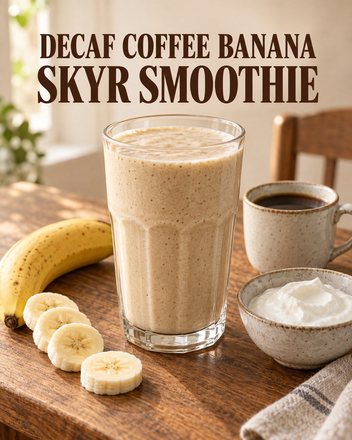 Creamy beige coffee banana smoothie beside banana slices and a cup of decaf coffee on a warm breakfast table.