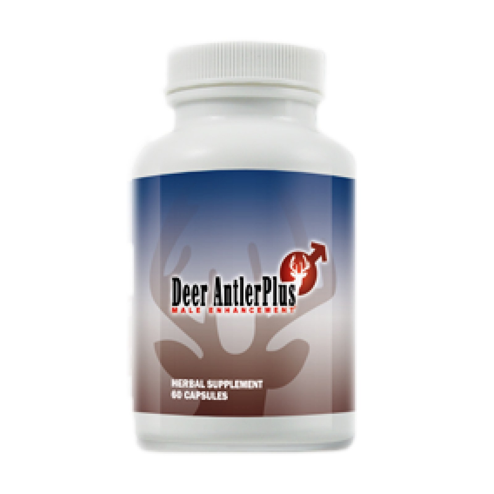 Deer Antler Plus supplement bottle with a white cap and an antler illustration on its blue and brown label