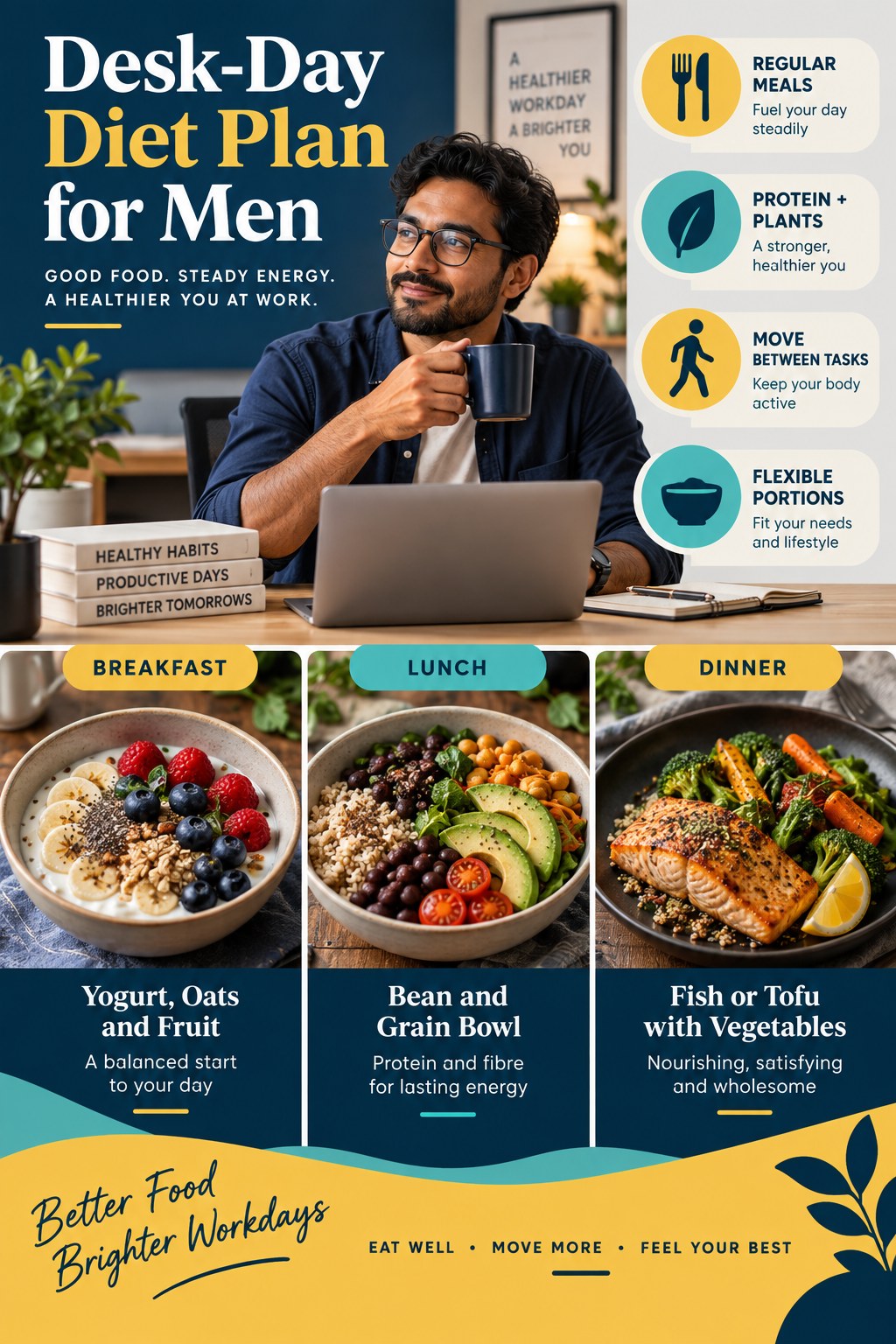 Portrait infographic of an adult man at a desk with breakfast, bean and grain lunch, fish or tofu dinner, and balanced workday meal cues.