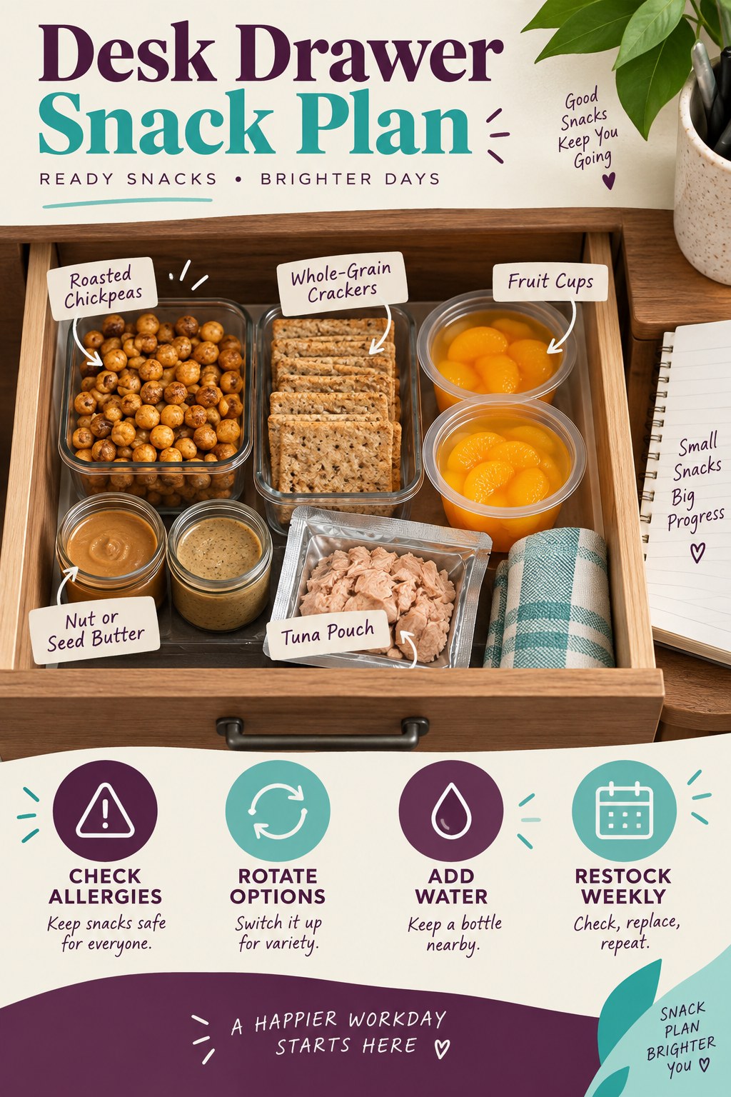 Portrait infographic of a desk drawer stocked with roasted chickpeas, whole-grain crackers, fruit cups, nut or seed butter, and a tuna pouch.