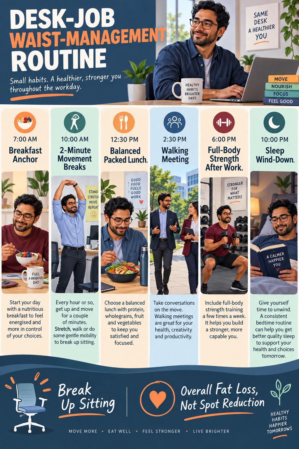 Portrait workday timeline showing breakfast, movement breaks, packed lunch, walking meeting, full-body strength, and sleep wind-down.