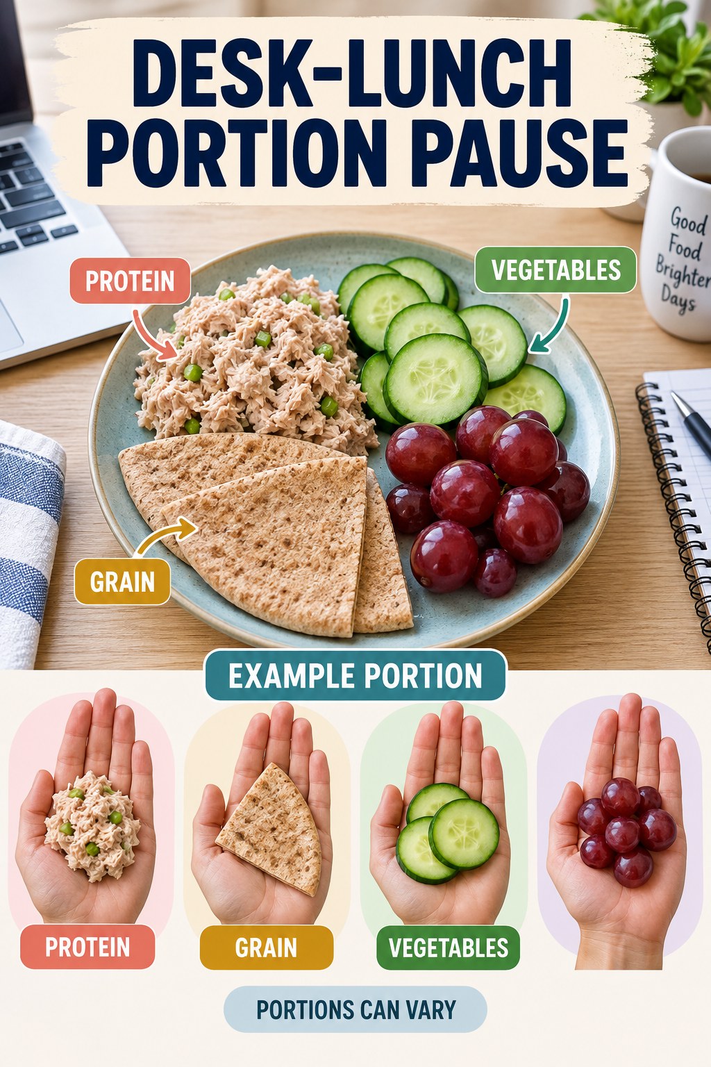 Desk-Lunch Portion Pause visual using tuna, whole-grain pita, cucumber, and grapes as flexible example portions for High Protein Lunch.