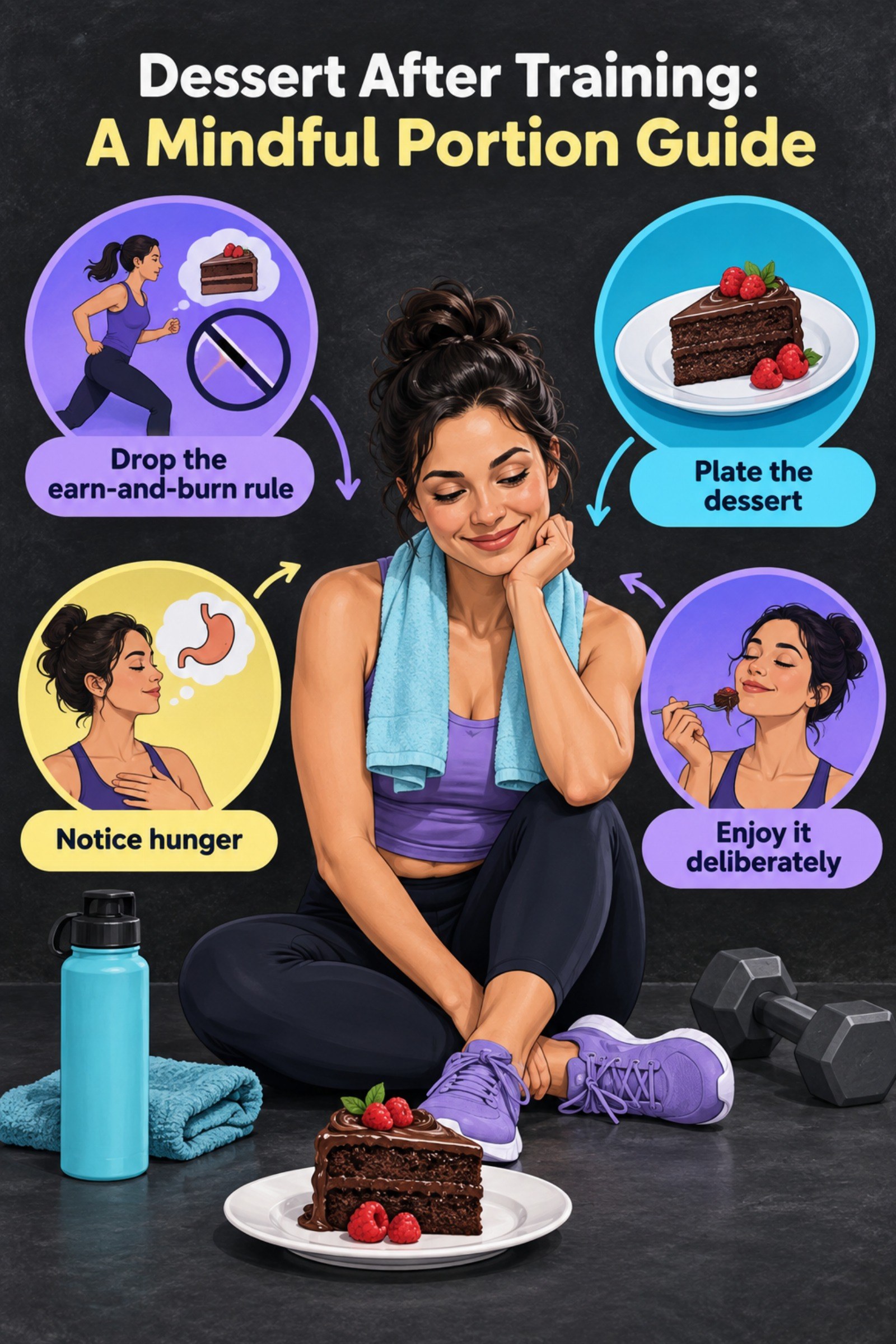 Editorial balance graphic with dessert plate, gym shoes, and hunger scale. The image supports Dessert After Training: A Mindful Portion Guide.