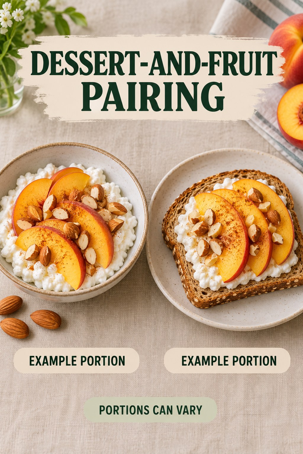 Dessert-and-Fruit Pairing visual using cottage cheese, whole-grain toast, peach, and almonds as flexible example portions for Healthy Dessert Recipes.