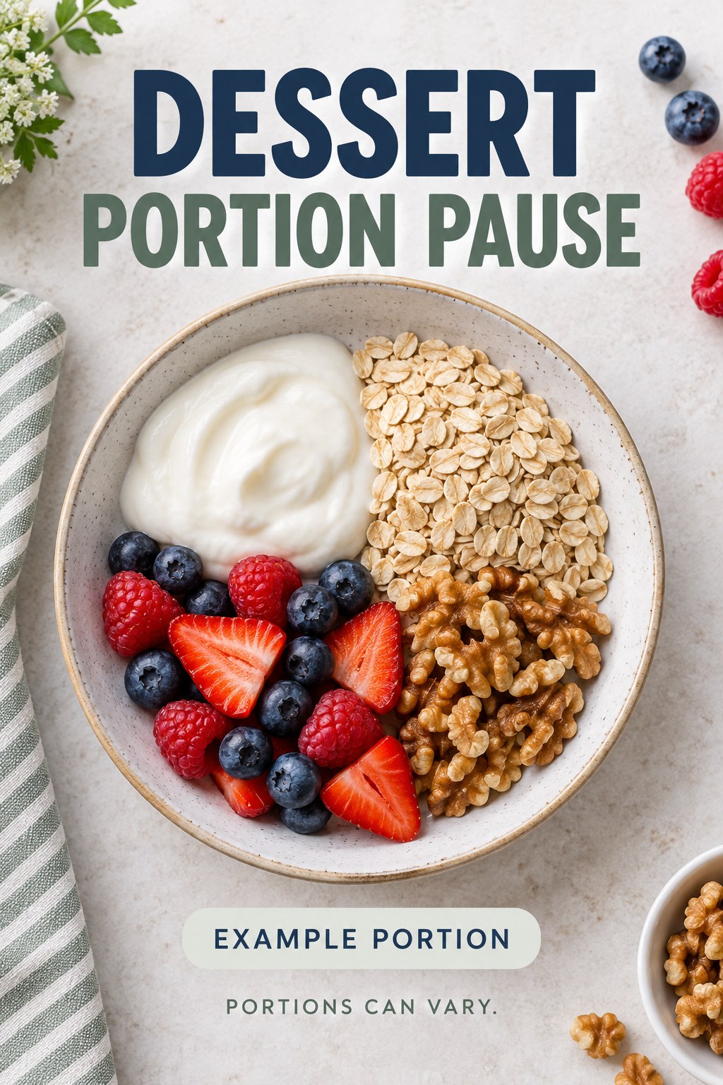 Dessert Portion Pause visual using plain yogurt, oats, berries, and walnuts as flexible example portions for Healthy Dessert Recipes.