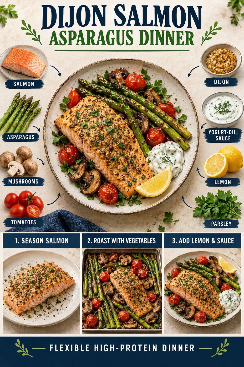 Dijon salmon dinner with roasted asparagus, mushrooms, tomatoes, lemon, parsley, and yogurt-dill sauce.