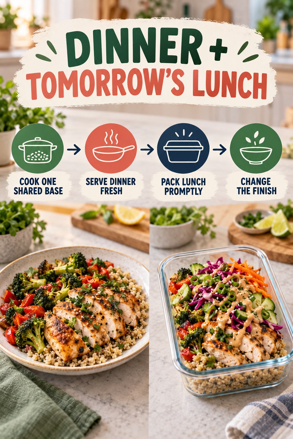 Dinner and tomorrow's lunch infographic showing one shared base served fresh, packed promptly, and finished in two different ways.