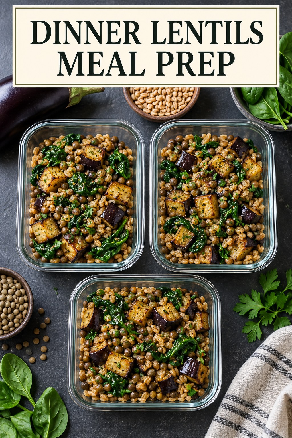 Three containers of dinner lentils farro prep boxes with lentils, farro, eggplant, and spinach.