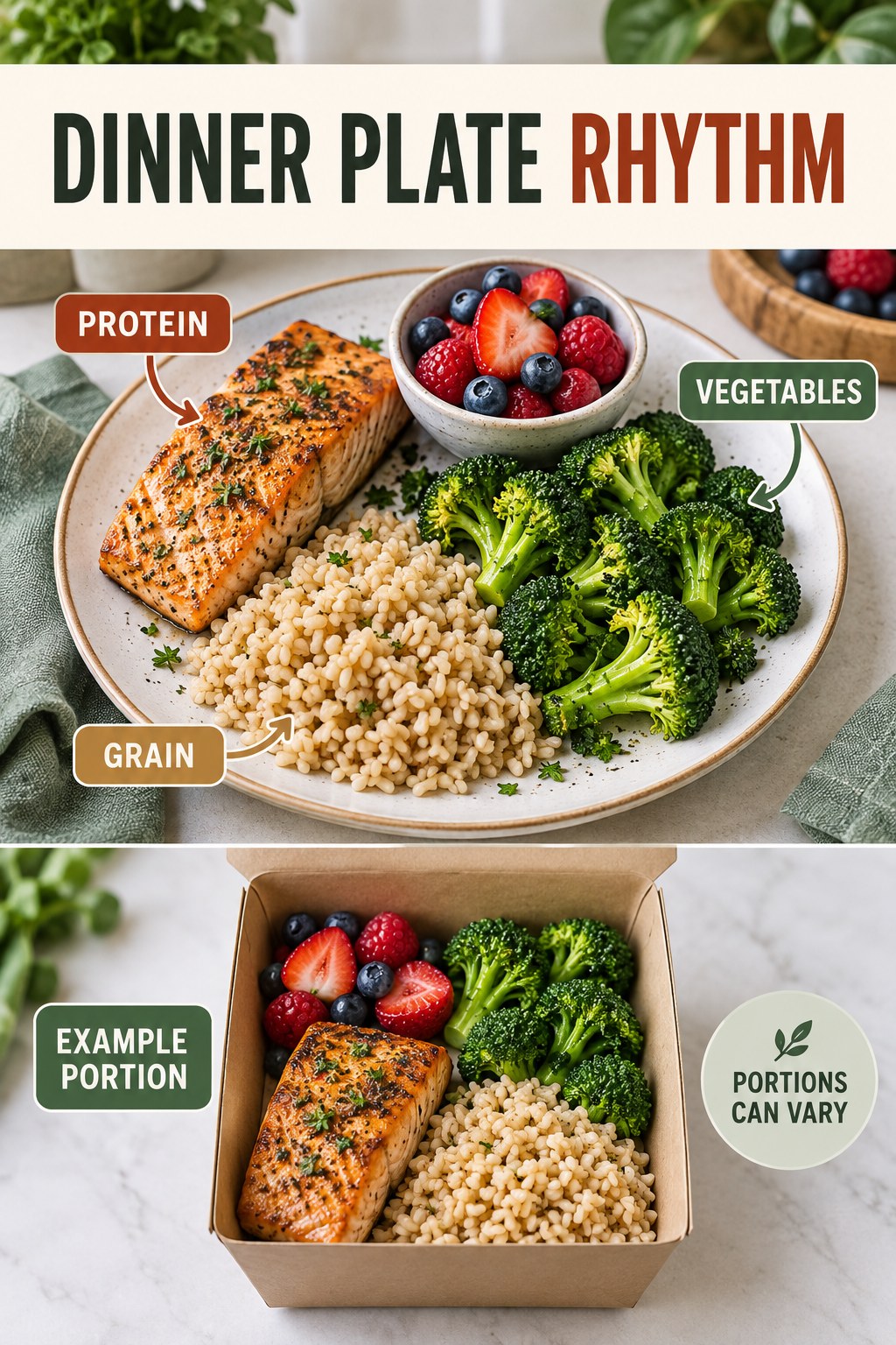Dinner Plate Rhythm visual using salmon, brown rice, broccoli, and berries as flexible example portions for Healthy Dinner Recipes.