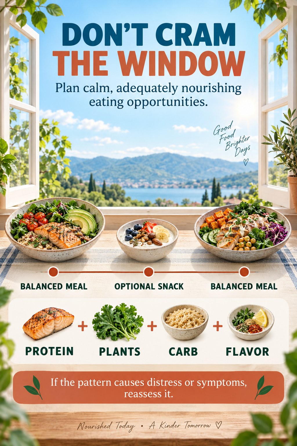 Sky blue and terracotta infographic showing two balanced meals and an optional snack spaced calmly across an eating window.